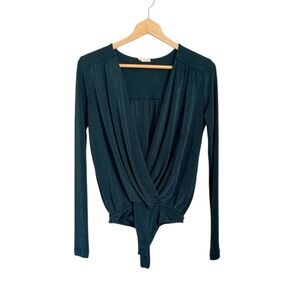 Free People Turnt Dark Green Plunging Neckline Long Sleeve Bodysuit size S